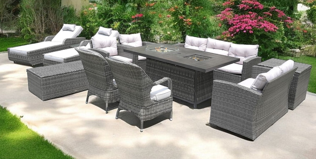 Twelve Piece Outdoor Gray Wicker Multiple Chairs Seating Group Fire Pit Included with White Cushions