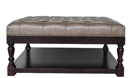 35" Gray And Dark Brown Leather And Solid Wood Coffee Table With Shelf