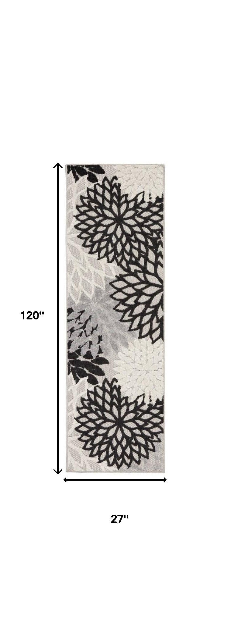 2' X 10' Black And White Floral Non Skid Indoor Outdoor Runner Rug