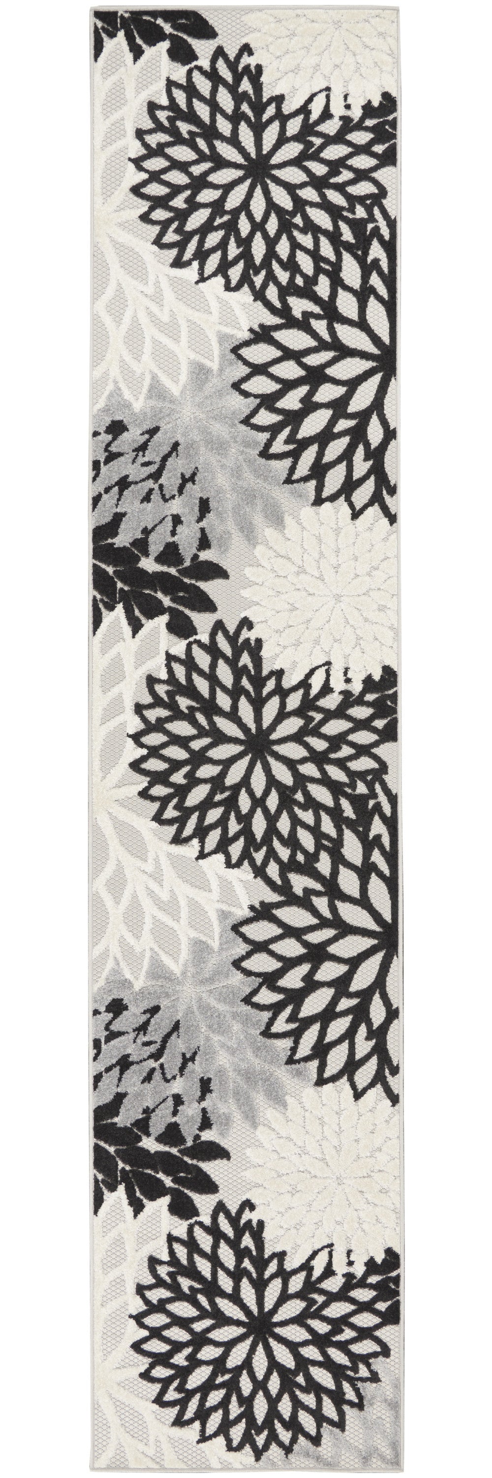 2' X 10' Black And White Floral Non Skid Indoor Outdoor Runner Rug