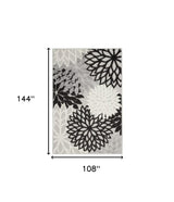 9' X 12' Black And White Floral Non Skid Indoor Outdoor Area Rug