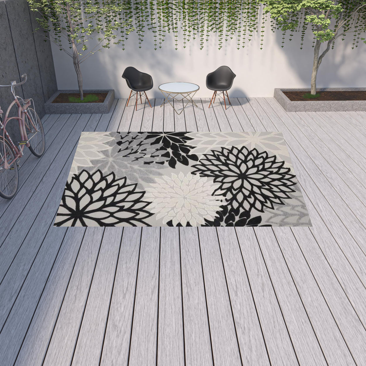 10' X 13' Black And White Floral Non Skid Indoor Outdoor Area Rug