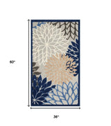 3' X 5' Blue Floral Non Skid Indoor Outdoor Area Rug