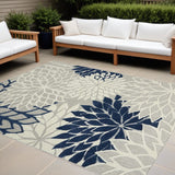 10' X 13' Ivory And Navy Floral Non Skid Indoor Outdoor Area Rug