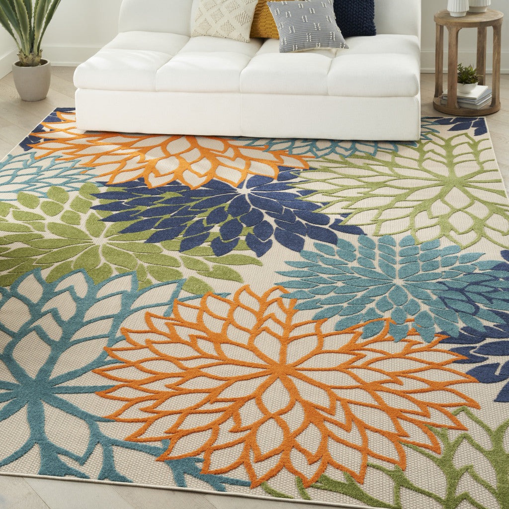 9' X 12' Orange Green And Blue Floral Non Skid Indoor Outdoor Area Rug