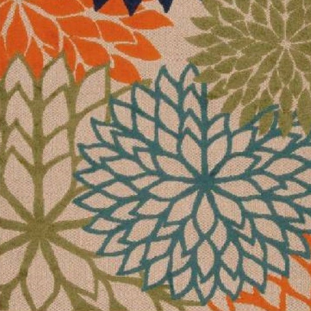 10' X 13' Orange Green And Blue Floral Non Skid Indoor Outdoor Area Rug