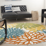 8' X 8' Turquoise Round Floral Non Skid Indoor Outdoor Area Rug