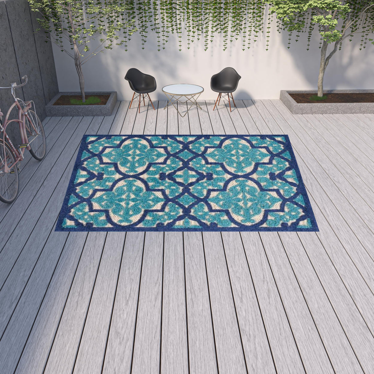 10' X 13' Navy Ikat Non Skid Indoor Outdoor Area Rug