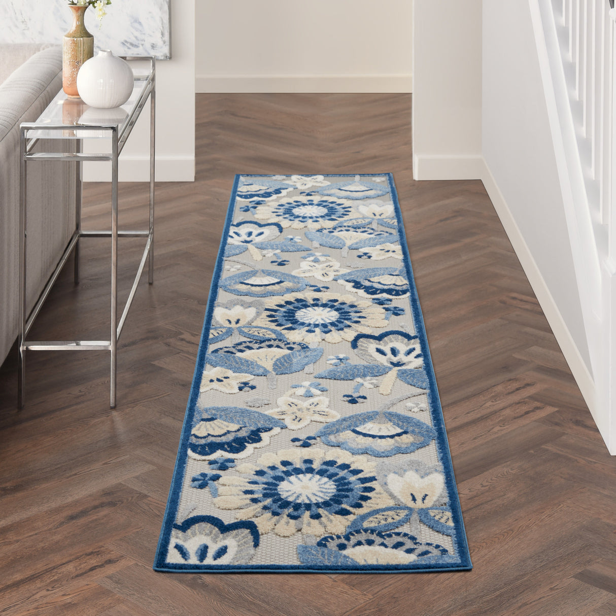 2' X 10' Blue And Grey Floral Non Skid Indoor Outdoor Runner Rug