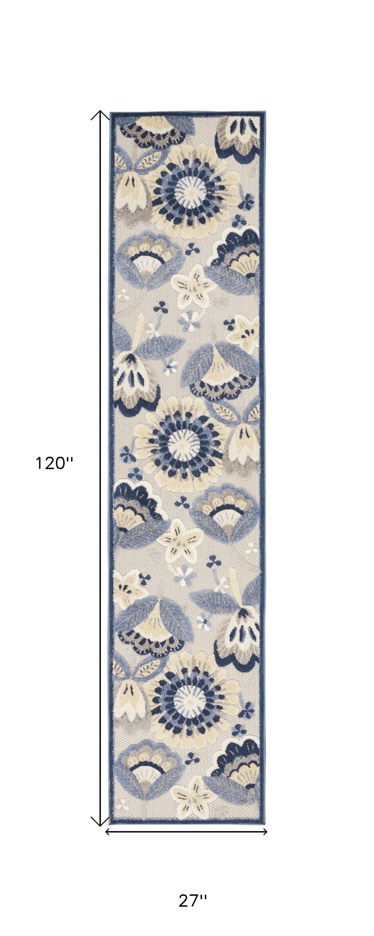 2' X 10' Blue And Grey Floral Non Skid Indoor Outdoor Runner Rug