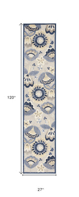 2' X 10' Blue And Grey Floral Non Skid Indoor Outdoor Runner Rug