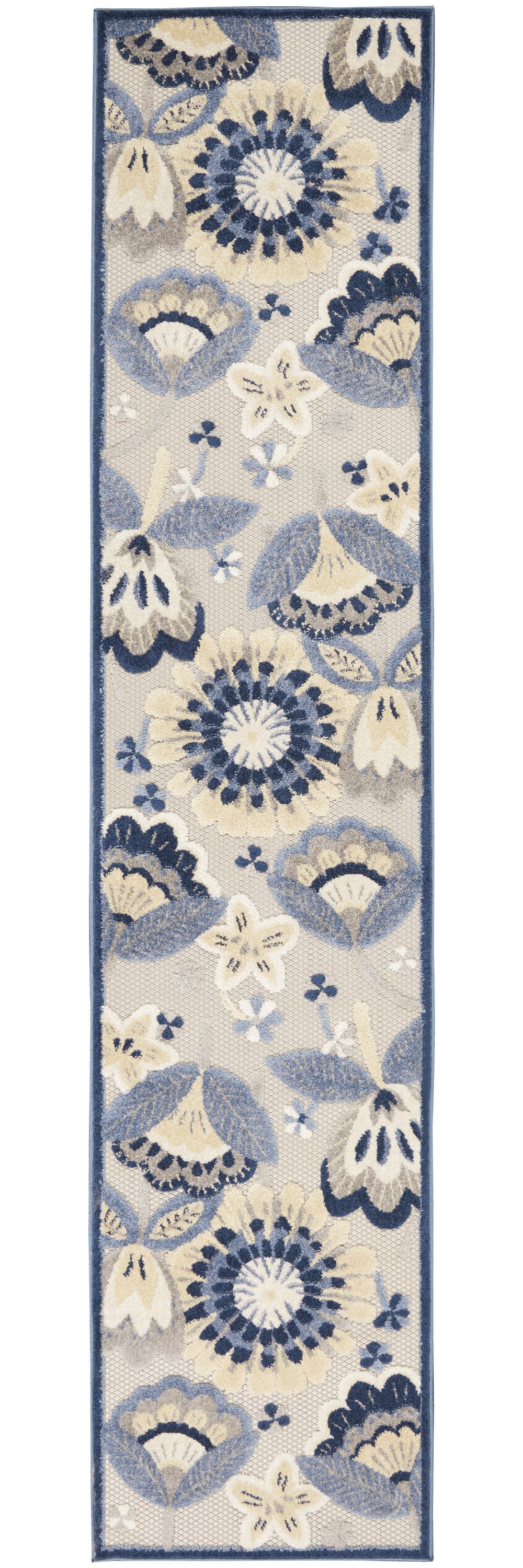 2' X 12' Blue And Grey Floral Non Skid Indoor Outdoor Runner Rug