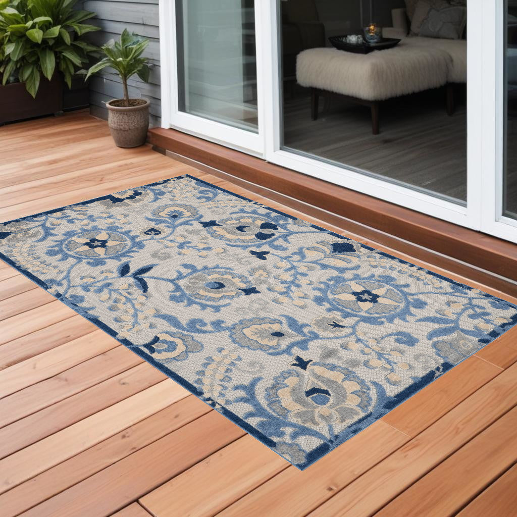 3' X 4' Blue And Grey Toile Non Skid Indoor Outdoor Area Rug