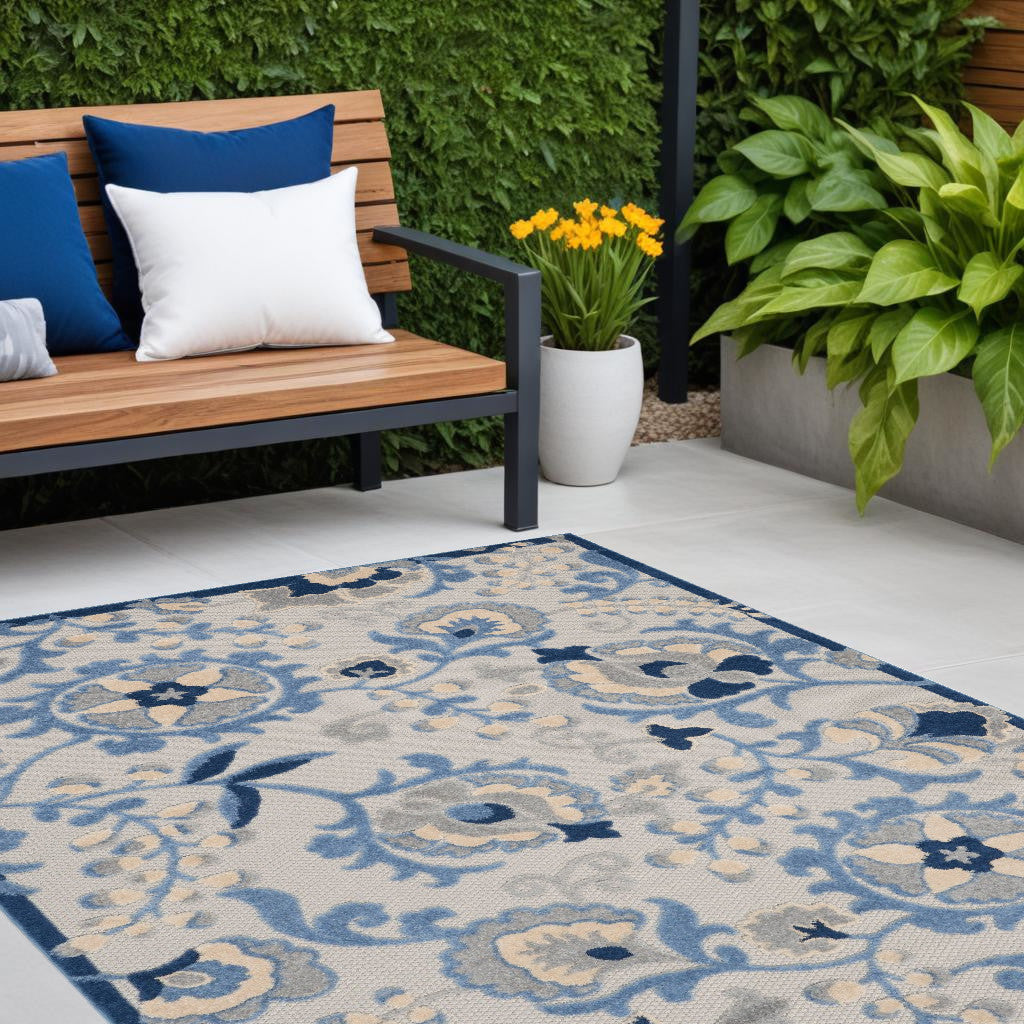 4' X 6' Blue And Grey Toile Non Skid Indoor Outdoor Area Rug