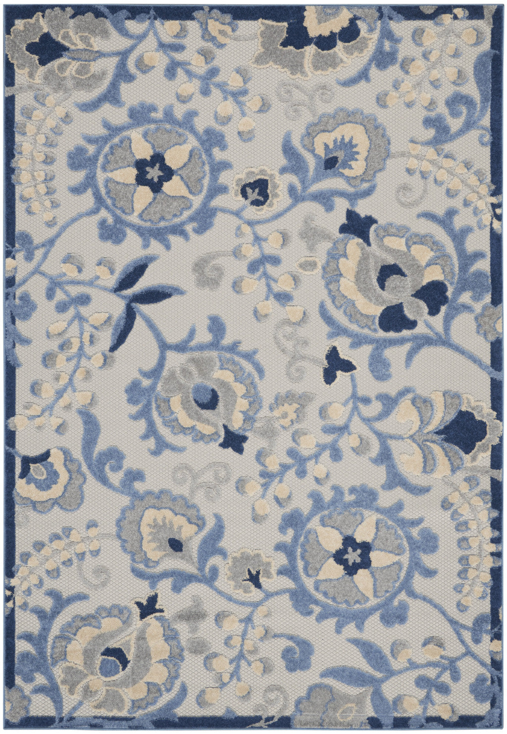 5' X 7' Blue And Grey Toile Non Skid Indoor Outdoor Area Rug