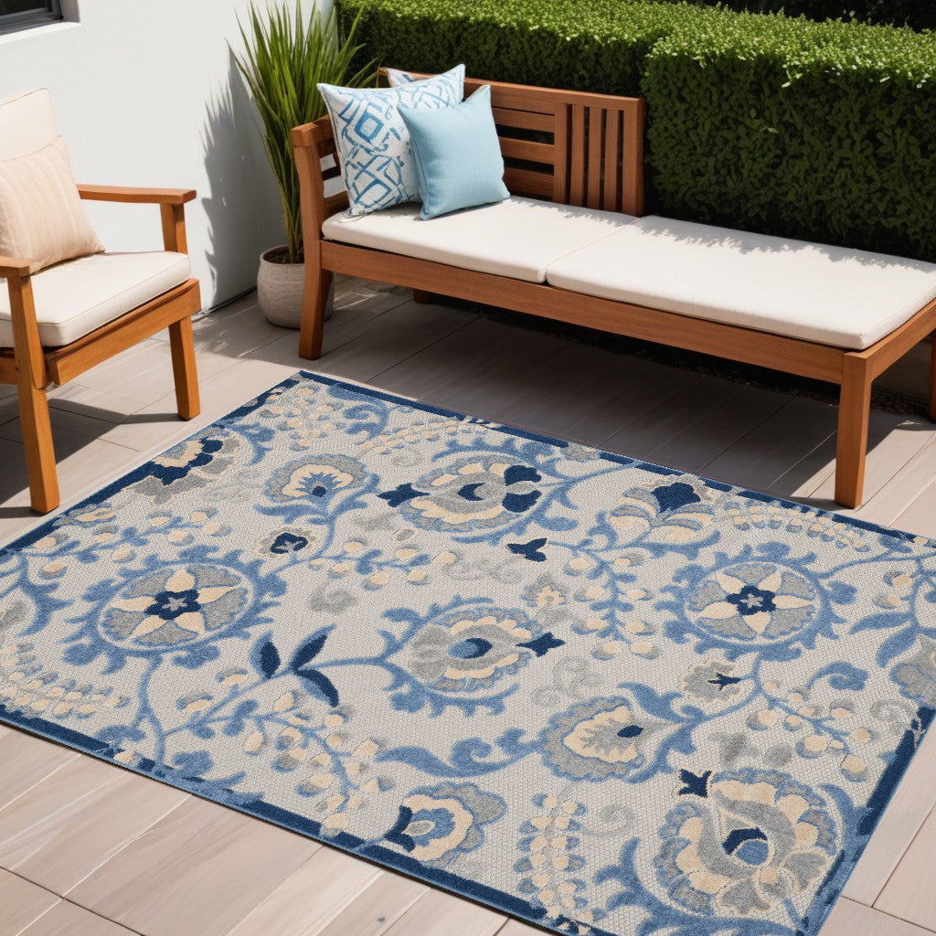 5' X 7' Blue And Grey Toile Non Skid Indoor Outdoor Area Rug