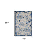 9' X 12' Blue And Grey Toile Non Skid Indoor Outdoor Area Rug