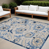 10' X 13' Blue And Grey Toile Non Skid Indoor Outdoor Area Rug