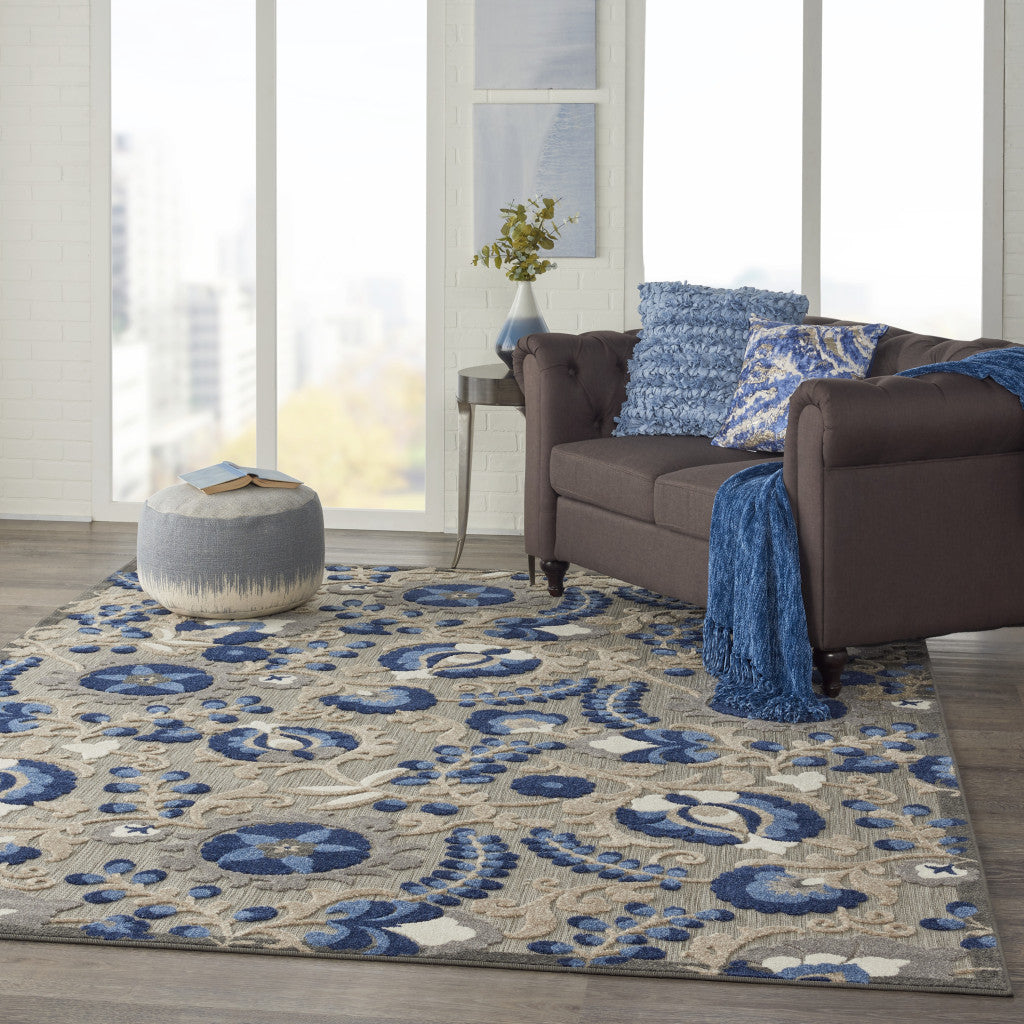 10' X 13' Natural And Blue Toile Non Skid Indoor Outdoor Area Rug