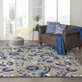 10' X 13' Natural And Blue Toile Non Skid Indoor Outdoor Area Rug