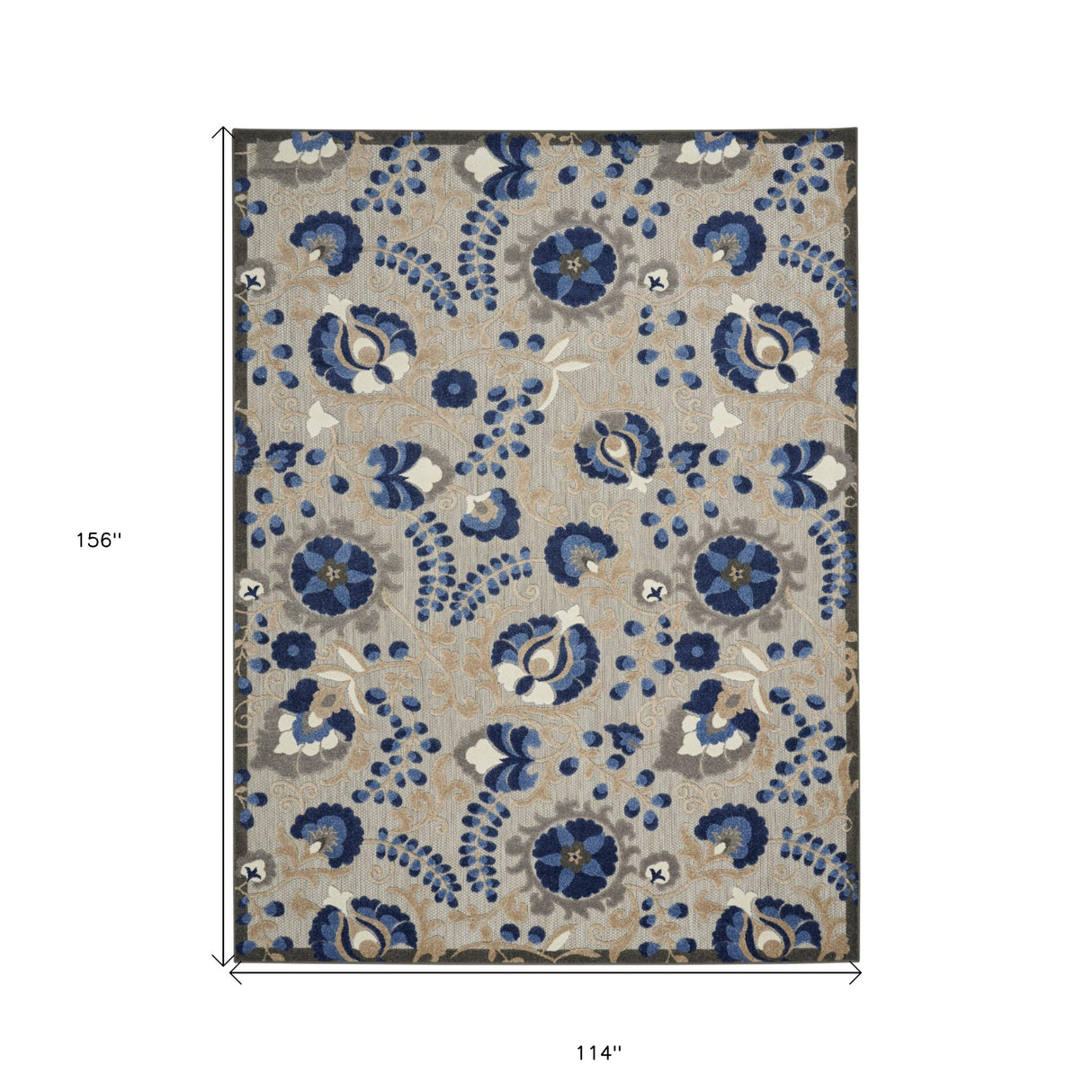 10' X 13' Natural And Blue Toile Non Skid Indoor Outdoor Area Rug