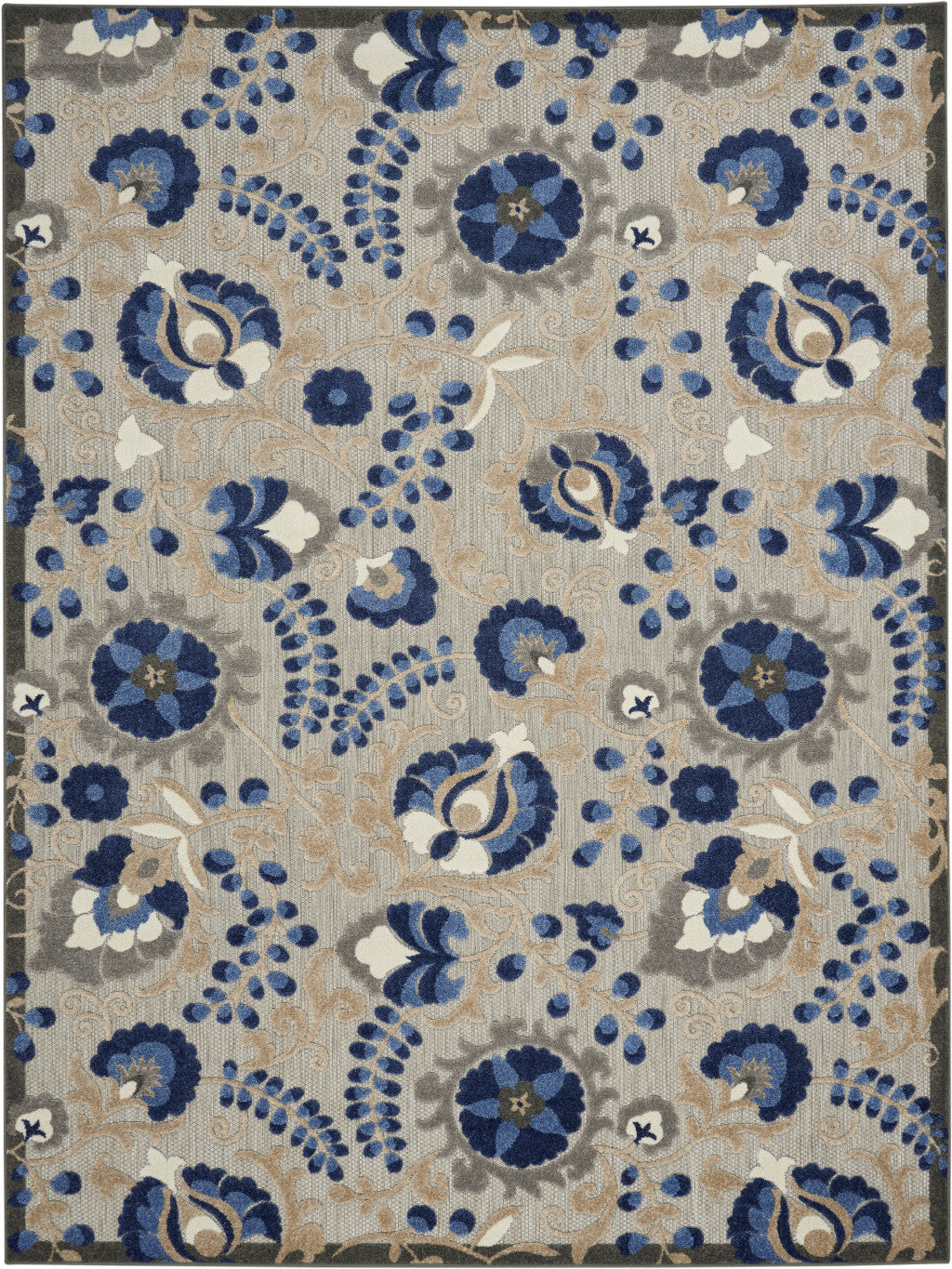 10' X 13' Natural And Blue Toile Non Skid Indoor Outdoor Area Rug