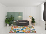 7' X 10' Ivory Teal And Gold Floral Non Skid Indoor Outdoor Area Rug