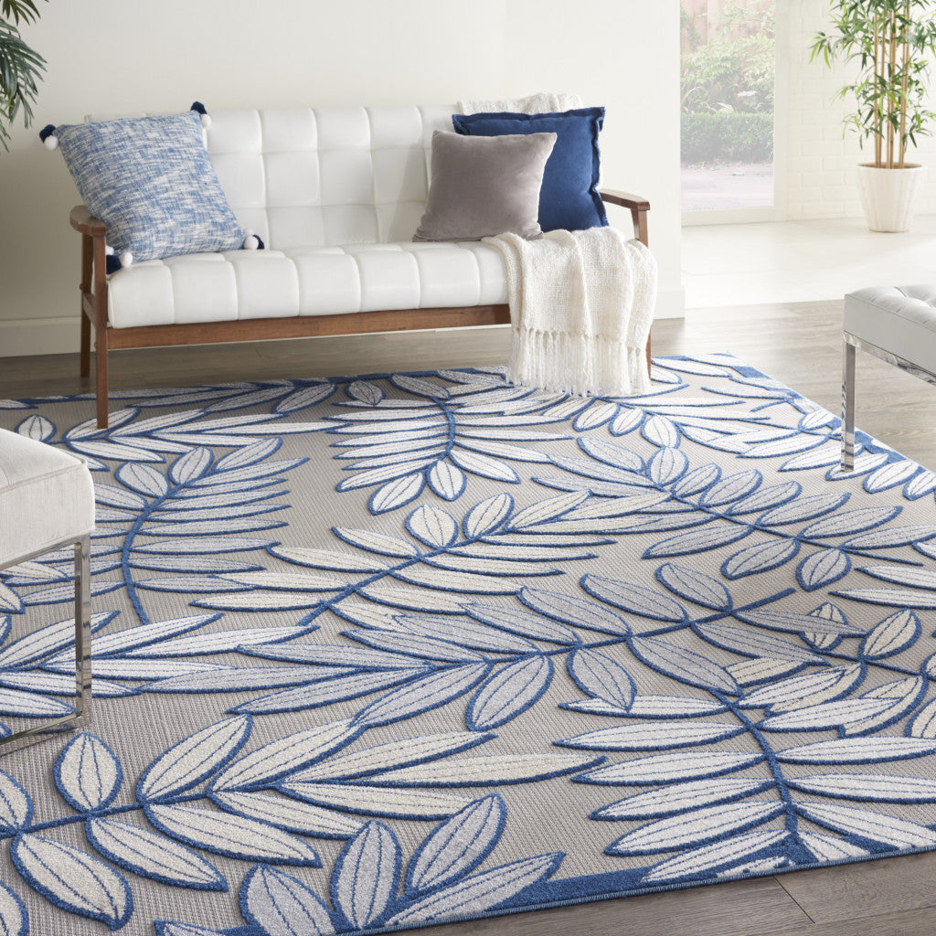 12' X 15' Ivory And Navy Floral Non Skid Indoor Outdoor Area Rug