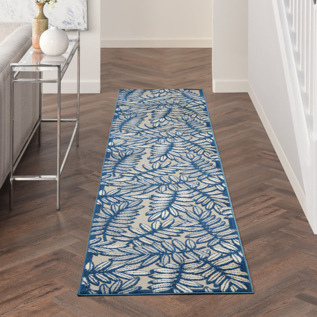 2' X 10' Ivory And Navy Floral Non Skid Indoor Outdoor Runner Rug