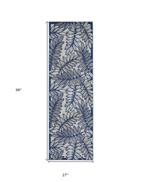 2' X 8' Ivory And Navy Floral Non Skid Indoor Outdoor Runner Rug