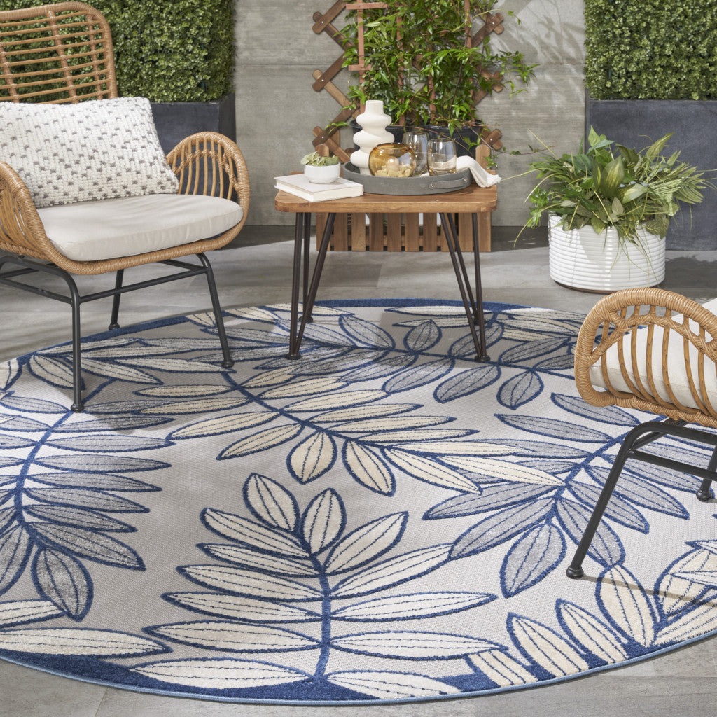 8' X 8' Ivory And Navy Round Floral Non Skid Indoor Outdoor Area Rug