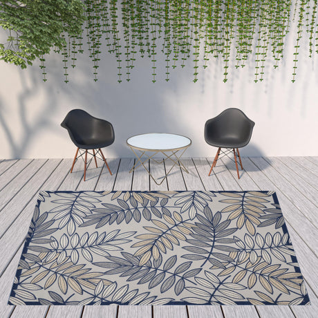 9' X 12' Ivory And Navy Floral Non Skid Indoor Outdoor Area Rug