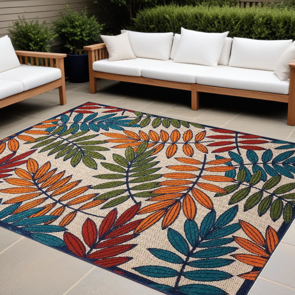 10' X 13' Beige Green And Orange Floral Non Skid Indoor Outdoor Area Rug