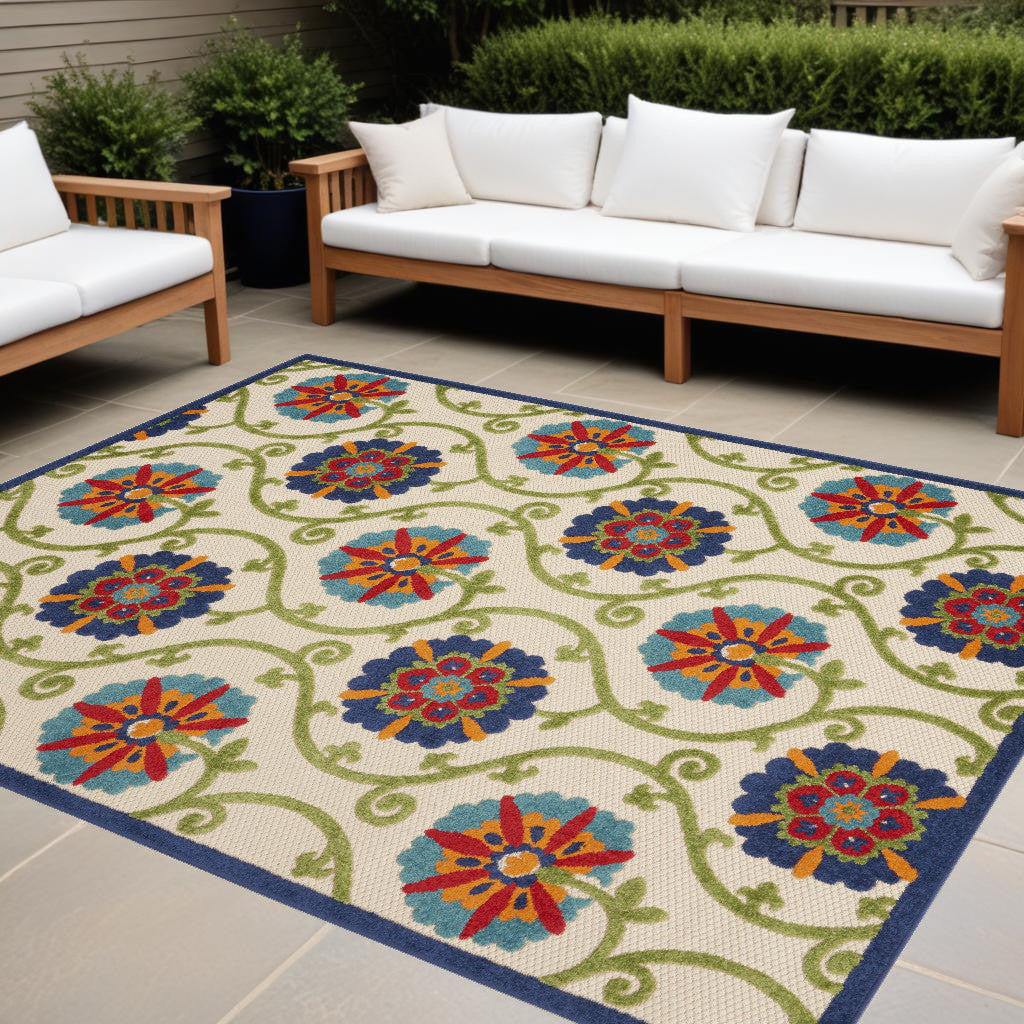 10' X 13' Blue Floral Non Skid Indoor Outdoor Area Rug