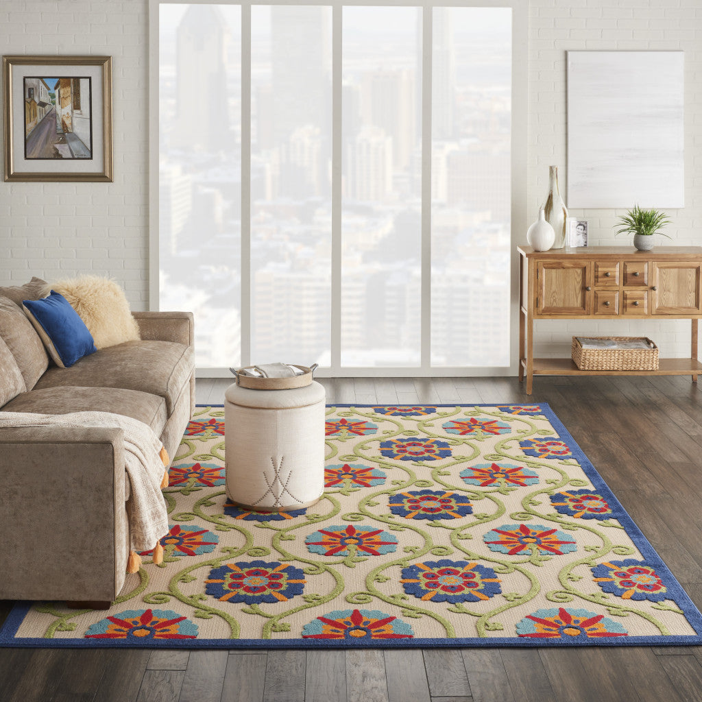 10' X 13' Blue Floral Non Skid Indoor Outdoor Area Rug