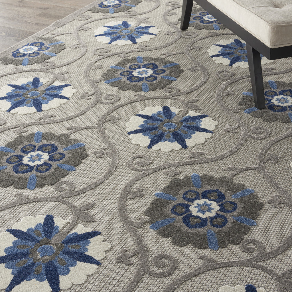 10' X 13' Grey And Blue Floral Non Skid Indoor Outdoor Area Rug