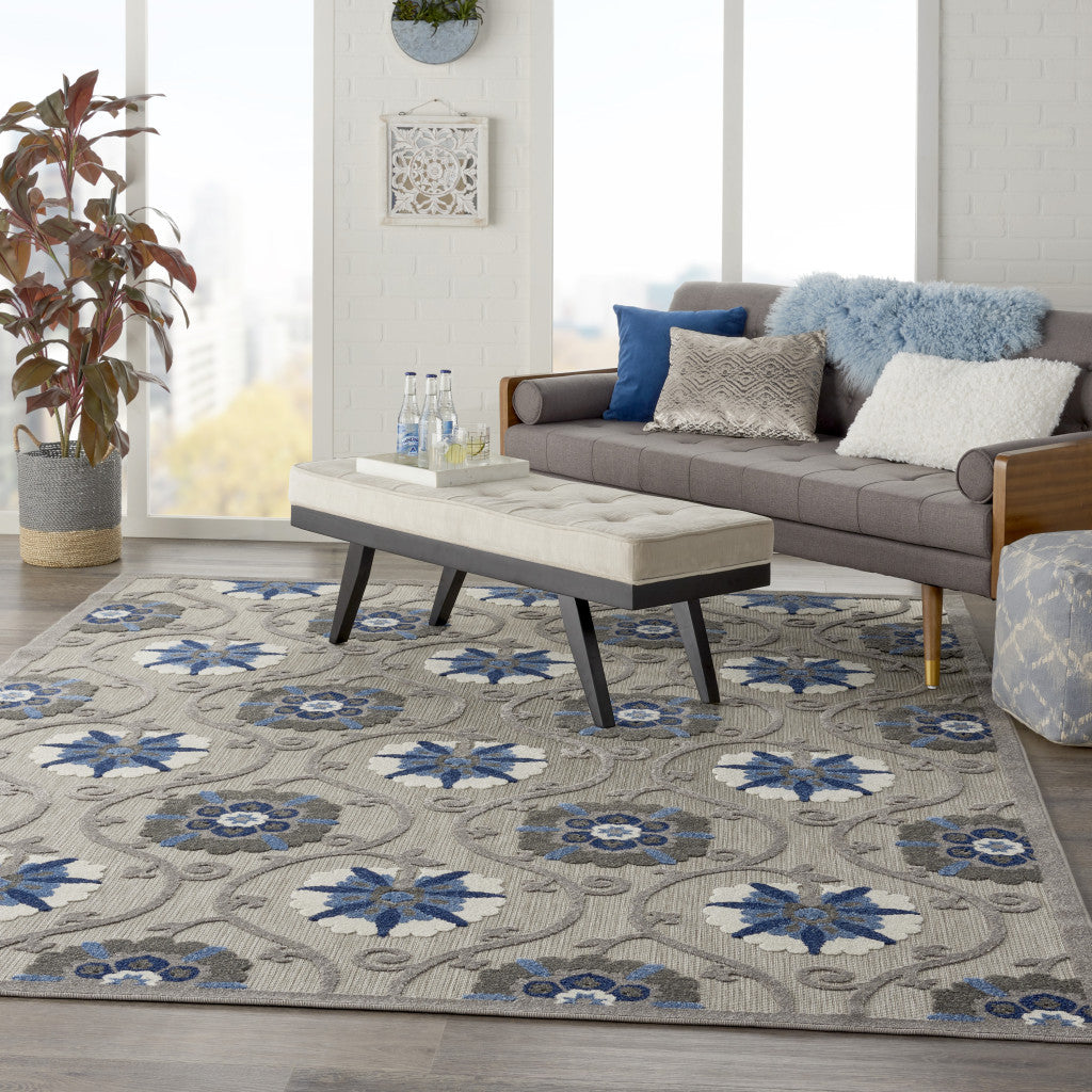 10' X 13' Grey And Blue Floral Non Skid Indoor Outdoor Area Rug