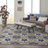 10' X 13' Grey And Blue Floral Non Skid Indoor Outdoor Area Rug