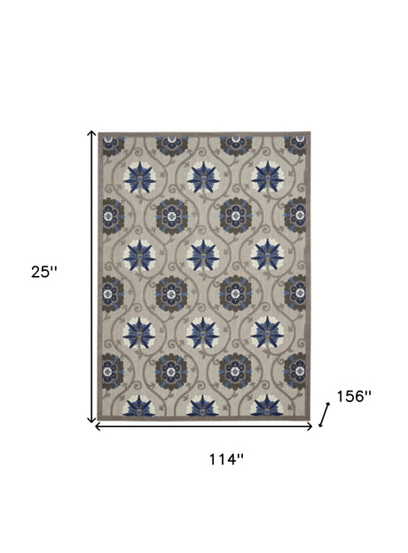 10' X 13' Grey And Blue Floral Non Skid Indoor Outdoor Area Rug