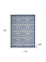 10' X 13' Grey And Blue Damask Non Skid Indoor Outdoor Area Rug