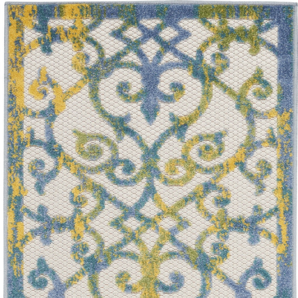 2' X 6' Ivory And Blue Damask Non Skid Indoor Outdoor Runner Rug