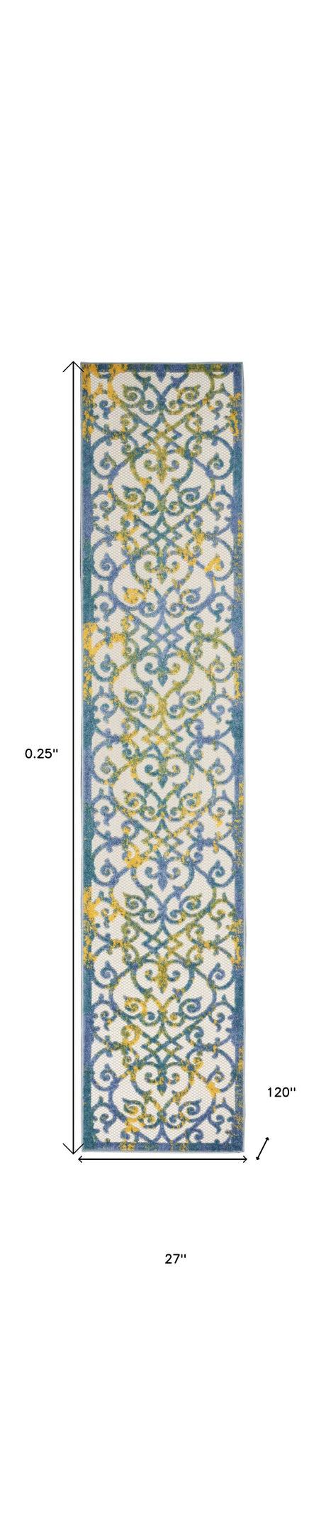 2' X 10' Ivory And Blue Damask Non Skid Indoor Outdoor Runner Rug