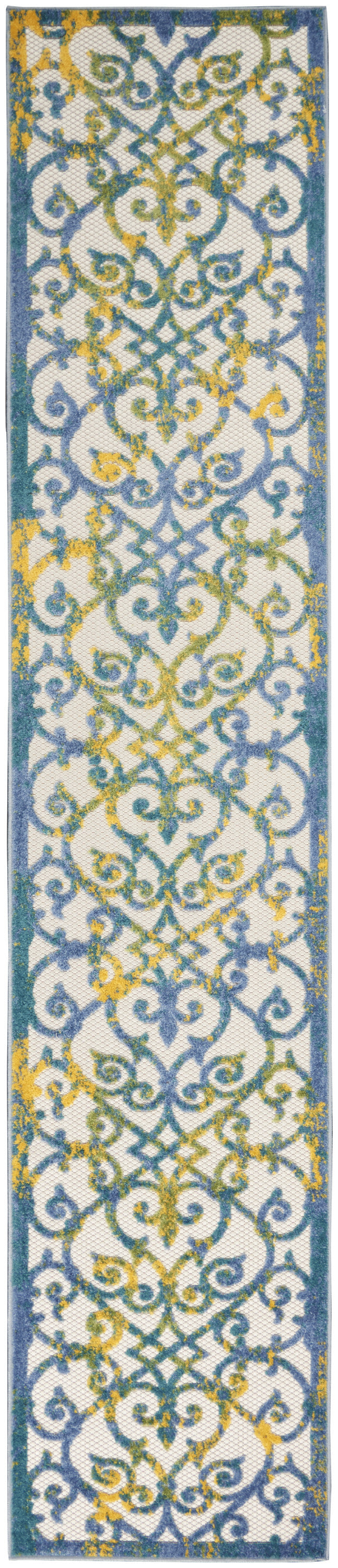 2' X 12' Ivory And Blue Damask Non Skid Indoor Outdoor Runner Rug