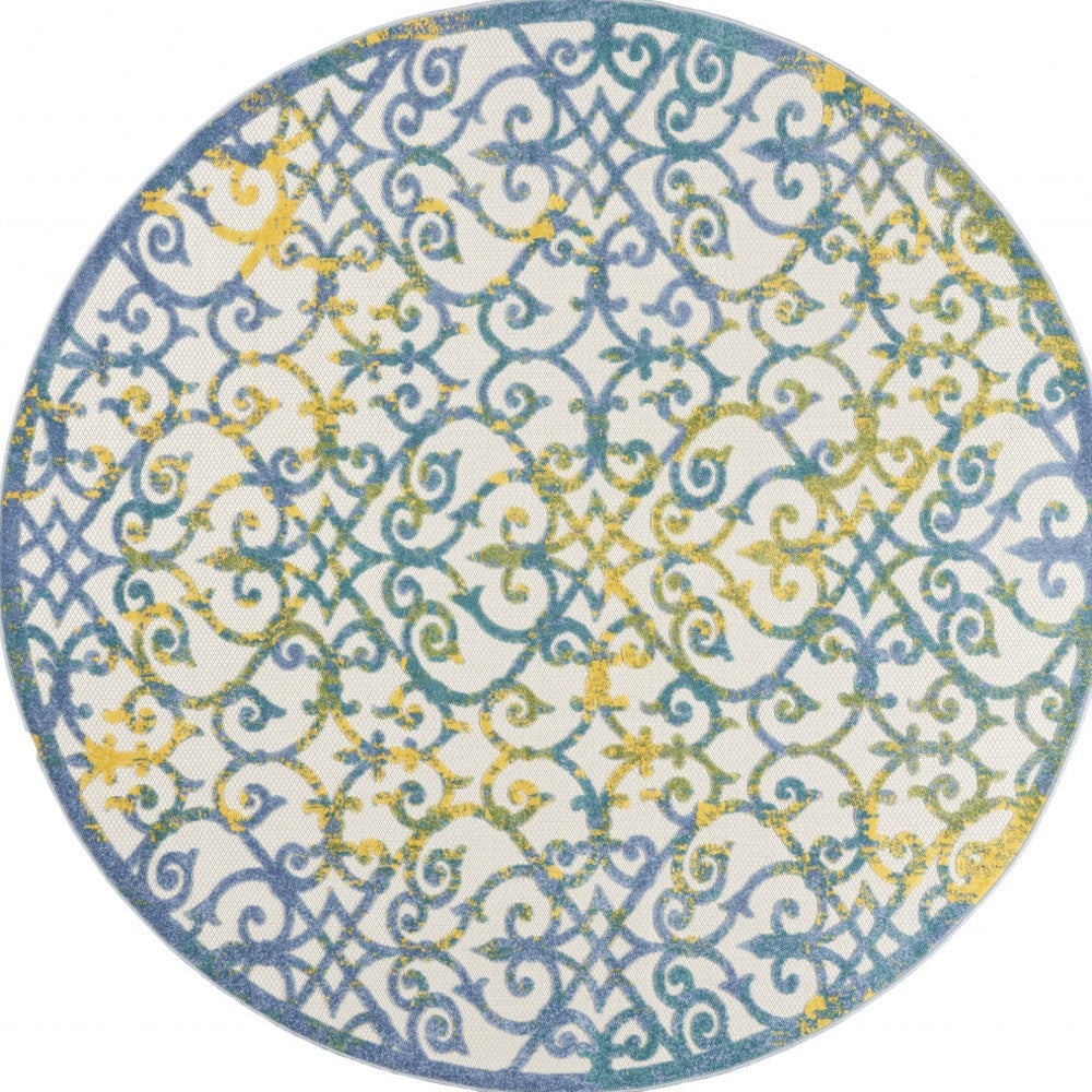 8' X 8' Ivory And Blue Round Damask Non Skid Indoor Outdoor Area Rug
