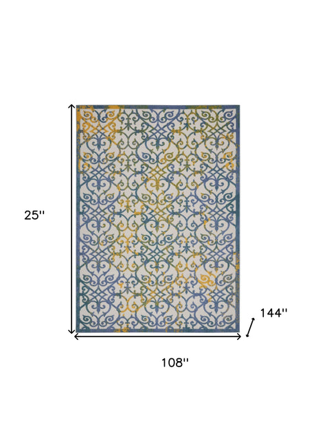 9' X 12' Ivory And Blue Damask Non Skid Indoor Outdoor Area Rug