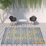9' X 12' Ivory And Blue Damask Non Skid Indoor Outdoor Area Rug