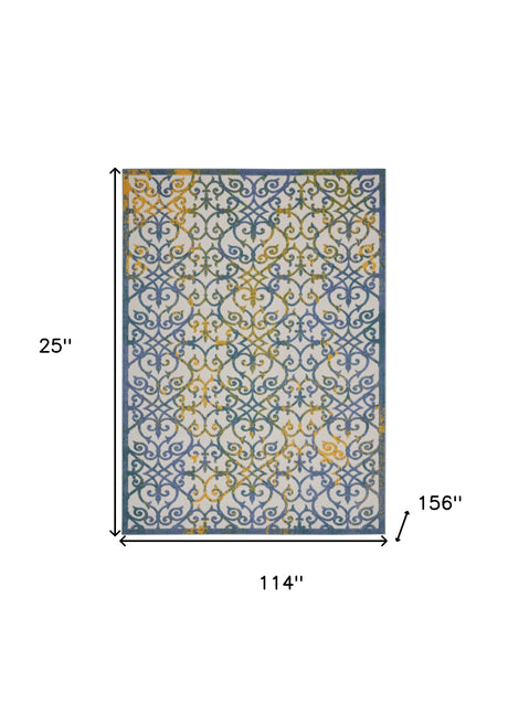 10' X 13' Ivory And Blue Damask Non Skid Indoor Outdoor Area Rug