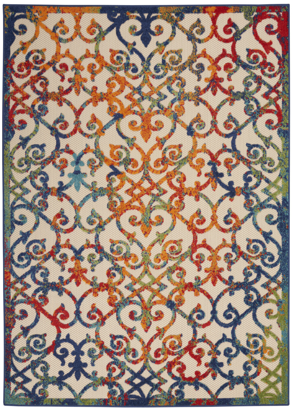 10' X 13' Ivory Blue And Green Damask Non Skid Indoor Outdoor Area Rug