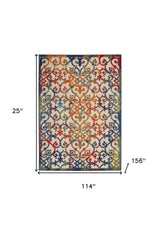 10' X 13' Ivory Blue And Green Damask Non Skid Indoor Outdoor Area Rug