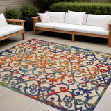 10' X 13' Ivory Blue And Green Damask Non Skid Indoor Outdoor Area Rug